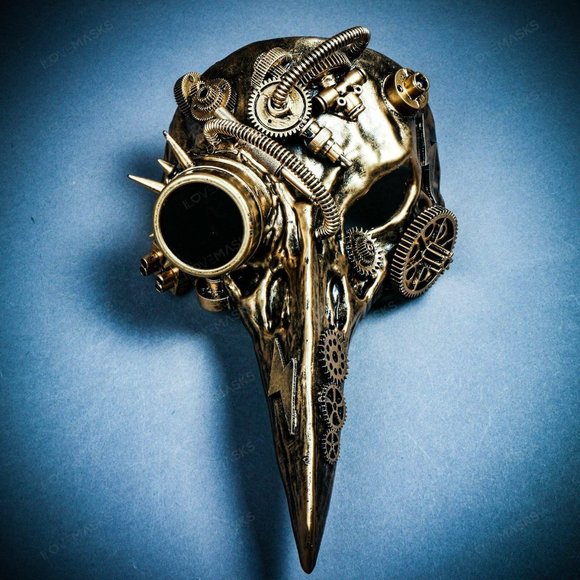 Gold Raven Skull Long Nose Steampunk Party Mask - Picture 3 of 8
